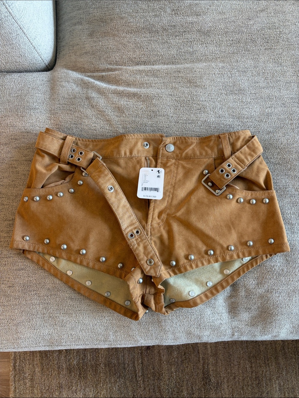 Free People Tan Studded Buckle Waist Bike Shorts